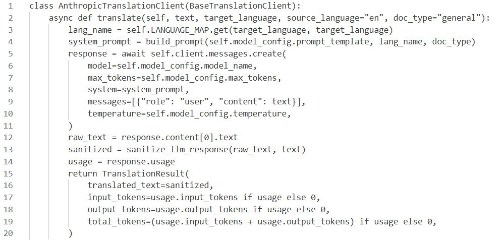 Anthropic translation client implementation example
